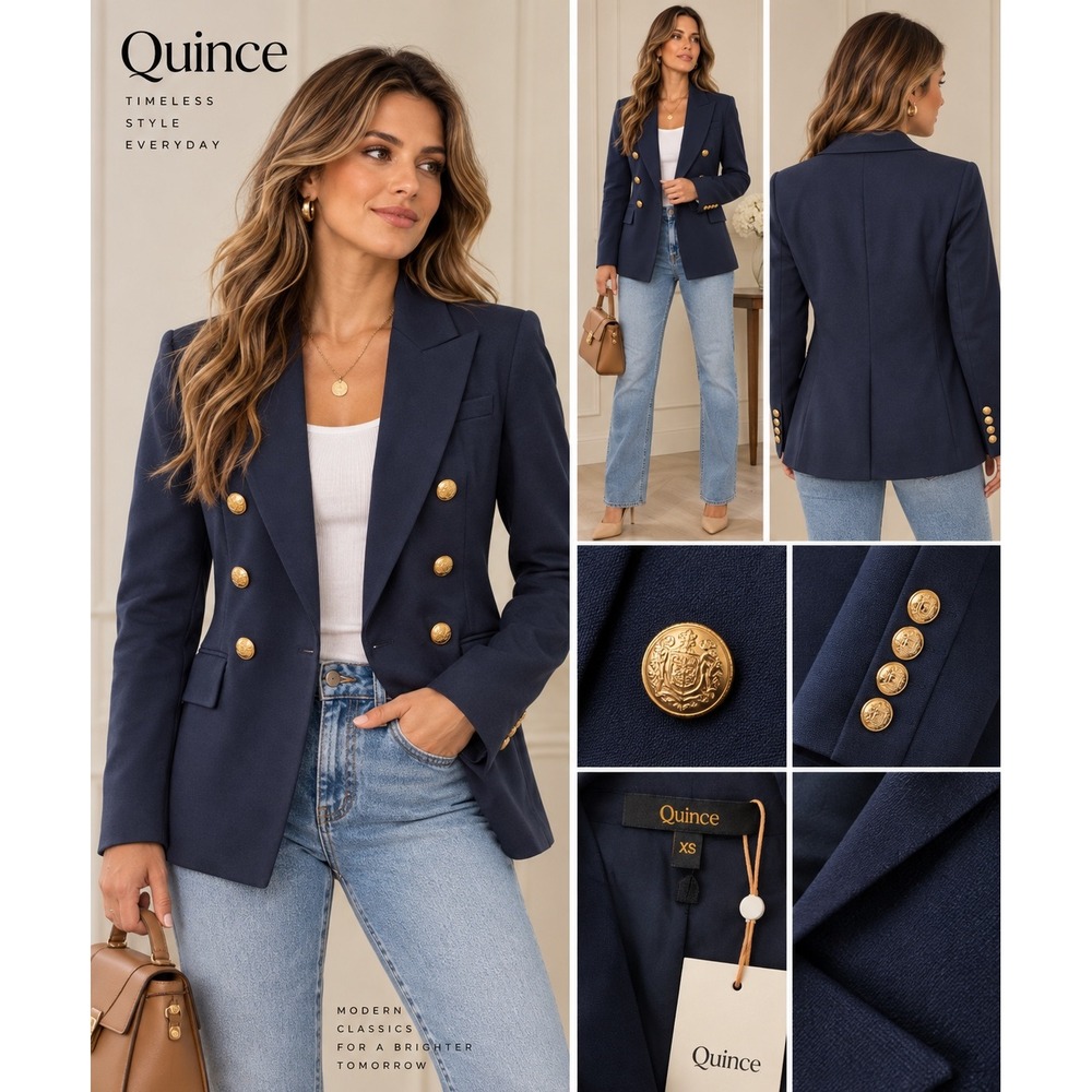 Quince Navy Blue Double Breasted Blazer Gold Crest Buttons XS NEW
